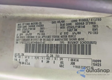 2000 Ford E-350 Super Duty Xl/Xlt from USA, damaged, VIN 1FBSS31L4YHB64141